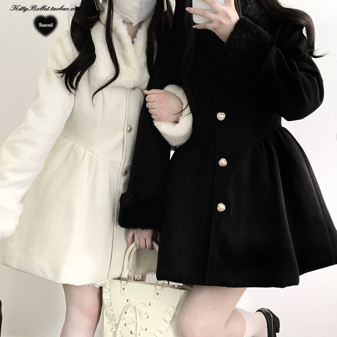 Jirai Kei Coat Detachable Fur Collar Dress Wool-like Jacket 40416:667682