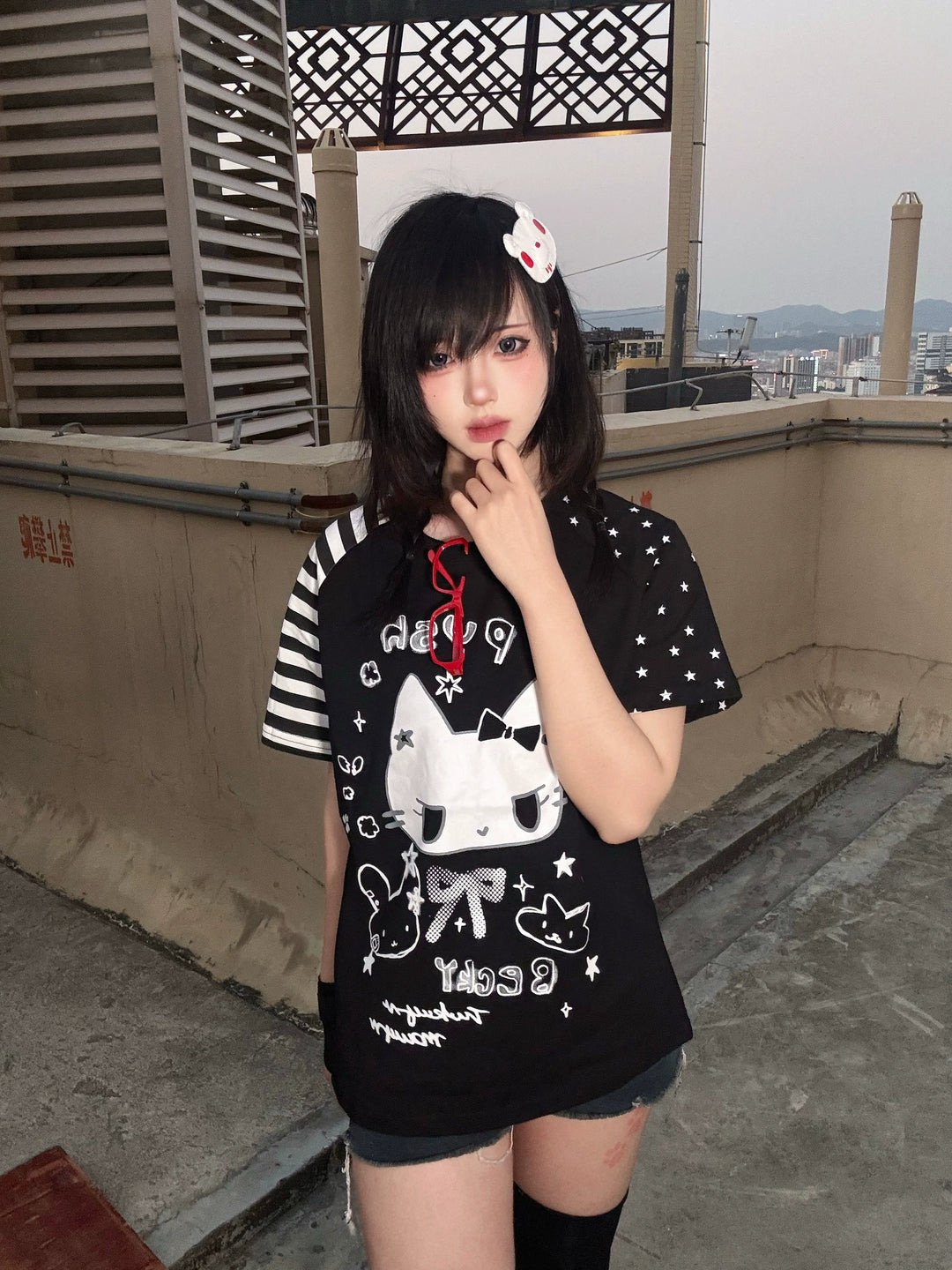 Kawaii Otaku Anime Cat Print Cotton Shirt Black & White 42851:755344