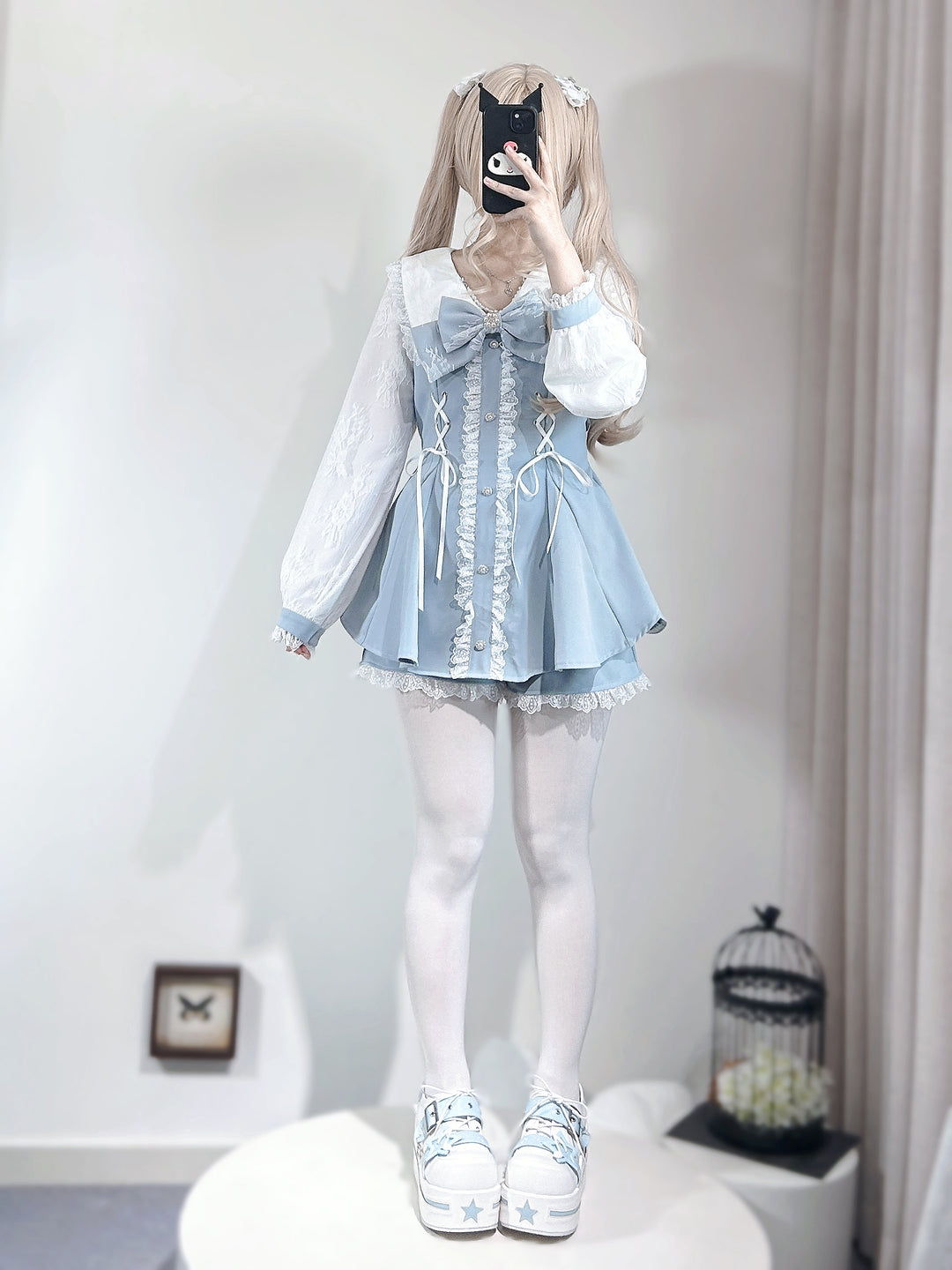 Lace-up Jirai Kei Dress Set with Lace and Rhinestone Button (2XL 3XL L M S XL) 42784:752957