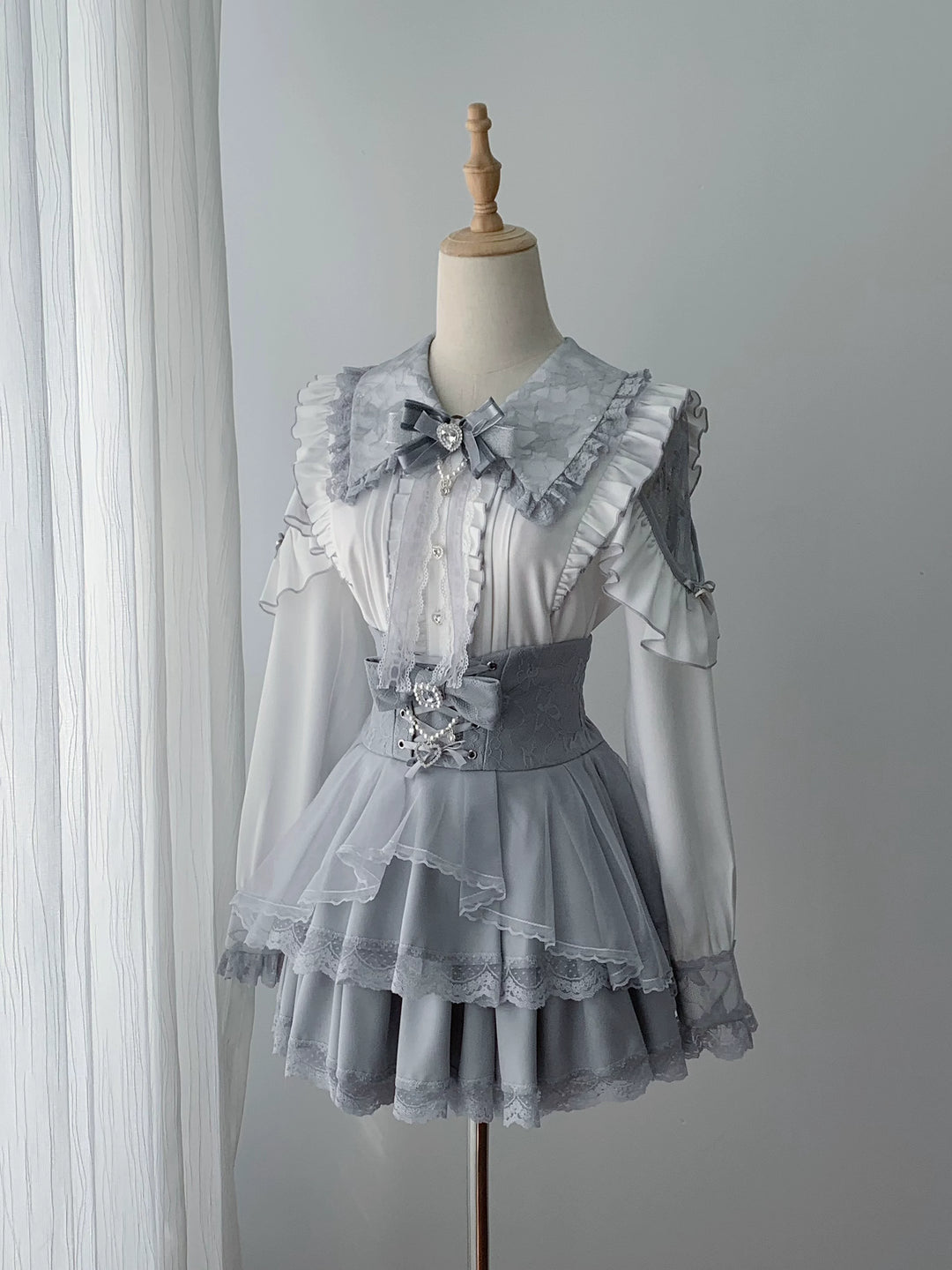 Ryousangata Long-Sleeved Blouse & Skirt Set, Lace & Rhinestone 46073:874688