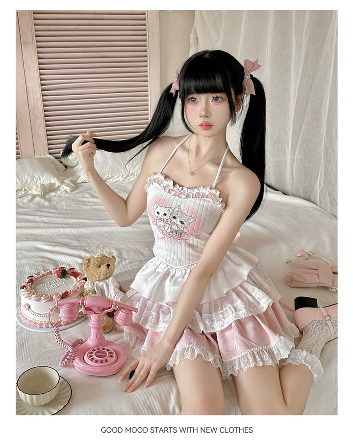 Ryousangata Skirt Set Pink Cardigan White Straps Top 37008:548372 37008:548372