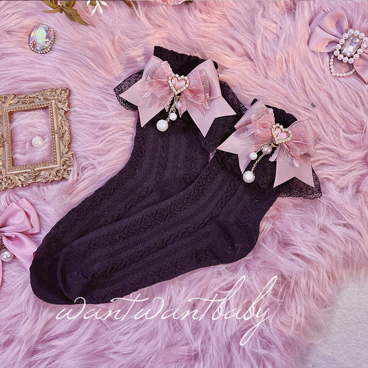 Jirai Kei Socks Black White Pink Blue Bow Lace Socks 21754:320566