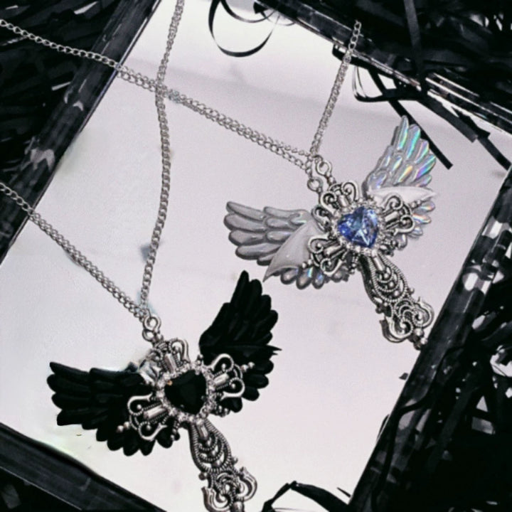 Y2K Jirai Kei Necklace Angel Cross Sweater Chain (black) 29316:356136