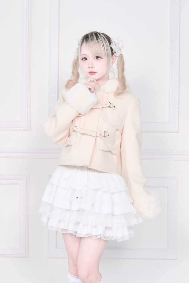 Hooded Rousangata Short Coat, Detachable Plush Cuffs (L M) 44116:796394