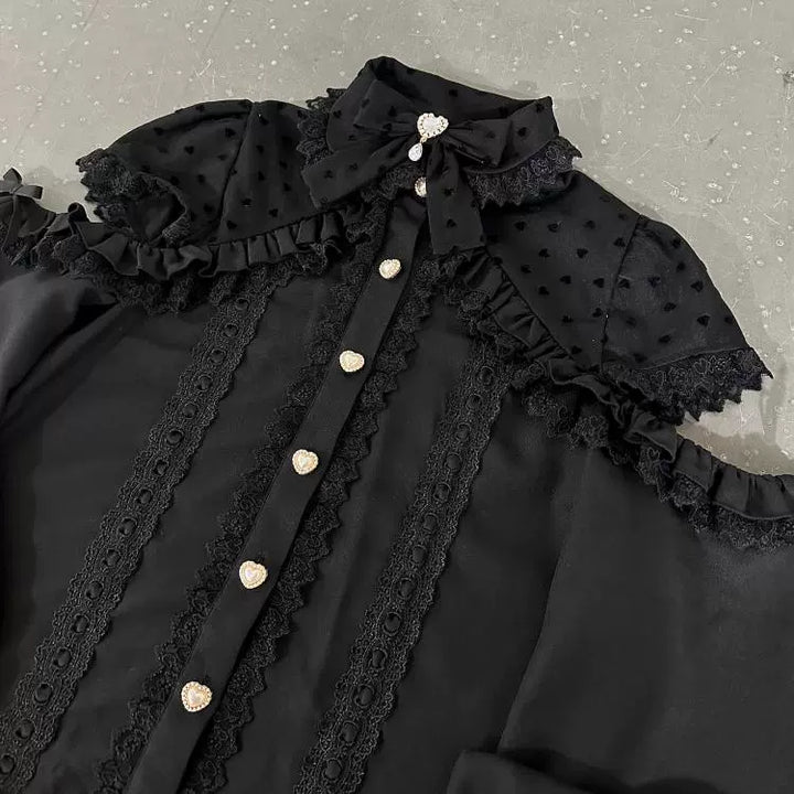 Jirai Kei Blouse, Lace Open Shoulder, Dolka Dots 34044:486448