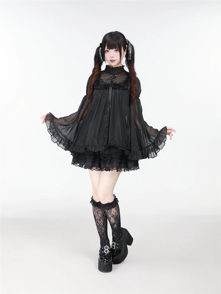 Black/White Jirai Kei Jumper Dress & Hime-Sleeved Sheer Blouse 43326:773597