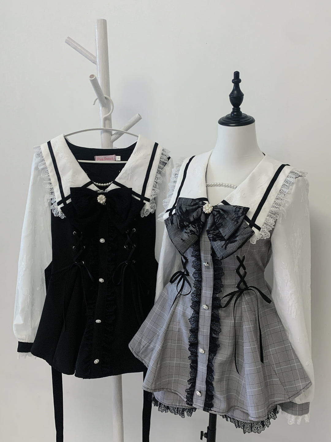 Lace-up Jirai Kei Dress Set with Lace and Rhinestone Button 42784:752972