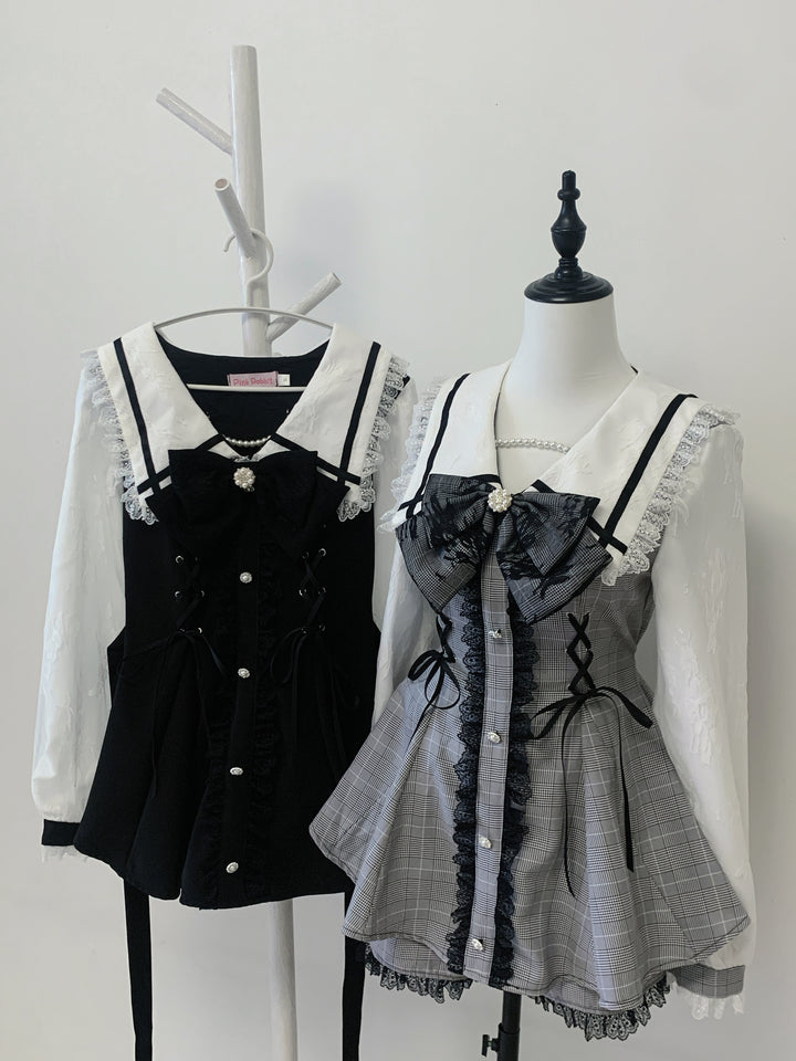 Lace-up Jirai Kei Dress Set with Lace and Rhinestone Button 42784:752972