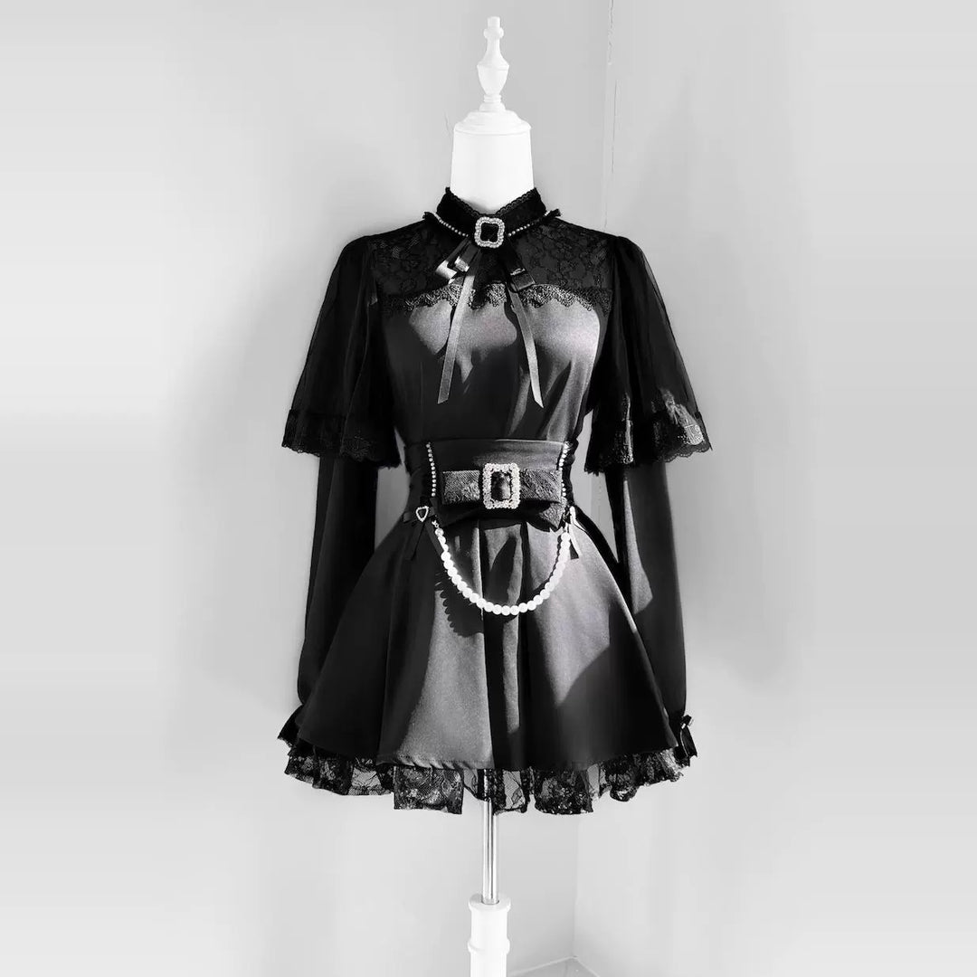 Jirai Kei Hollow-Out Lace Blouse Black Skirt With Pearl Chain (L M XL) 42163:729273