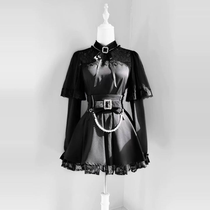 Jirai Kei Hollow-Out Lace Blouse Black Skirt With Pearl Chain (L M XL) 42163:729273