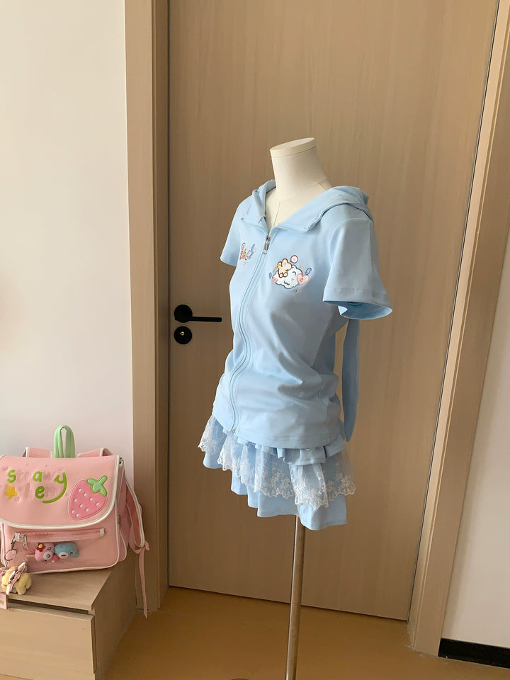 Bunny Eared Kawaii Outfit, Blue Zip Up Sweatshirt + Lace Skirt 43560:779916