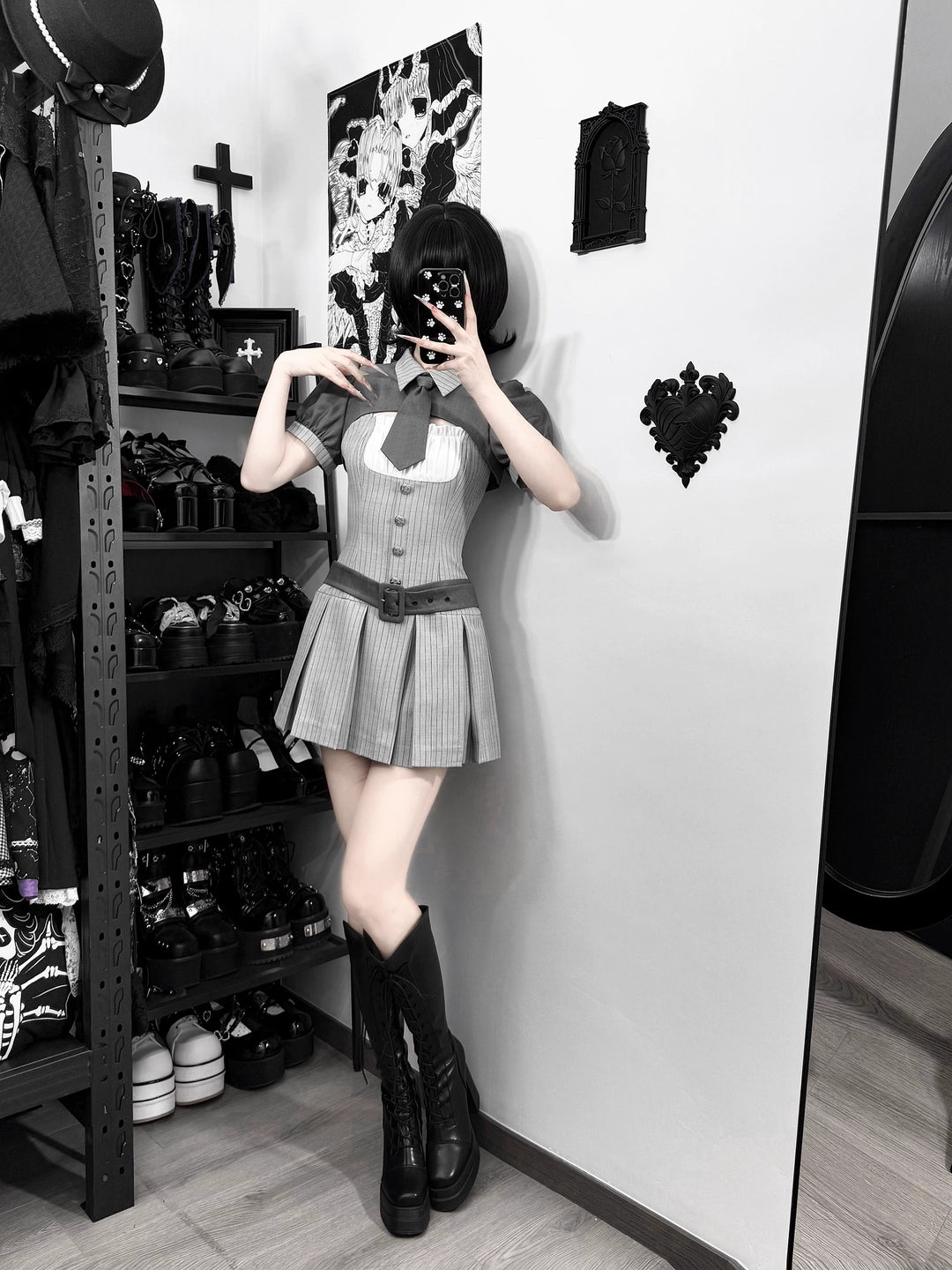 Jirai Kei Gray Striped Faux Two-Piece Dress, Mini Tie 44808:829286