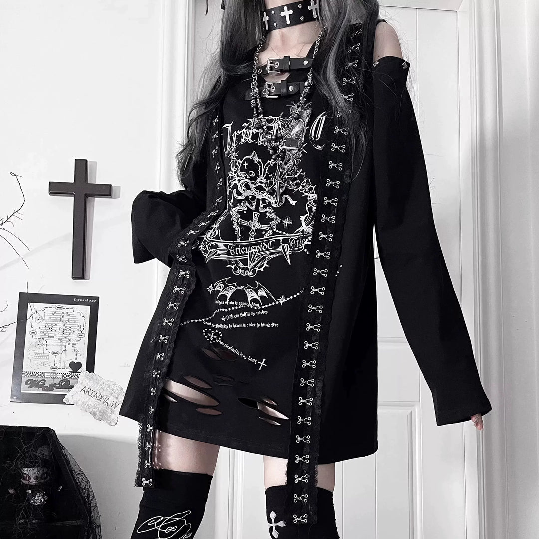 Subculture Long-Sleeved T-shirt, Belted Neck 44563:816470