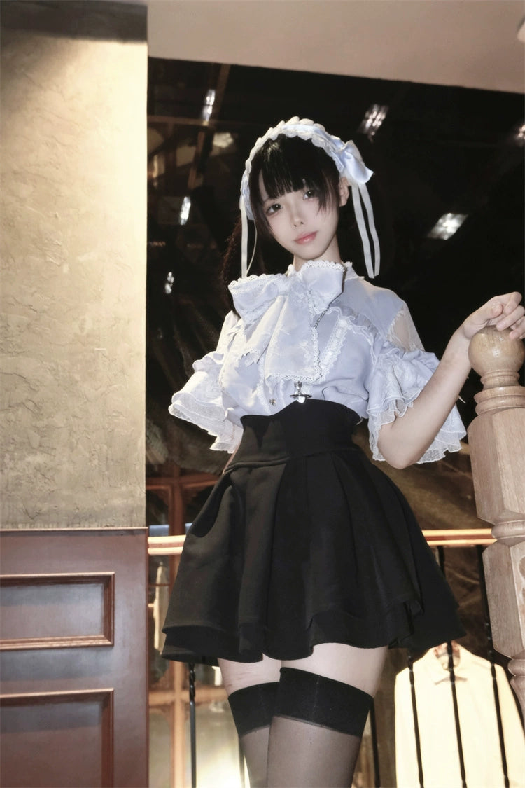 Jirai Kei Blouse Lace Open Shoulder Shirt Short Sleeve (L M S XL / Blue) 37852:573346