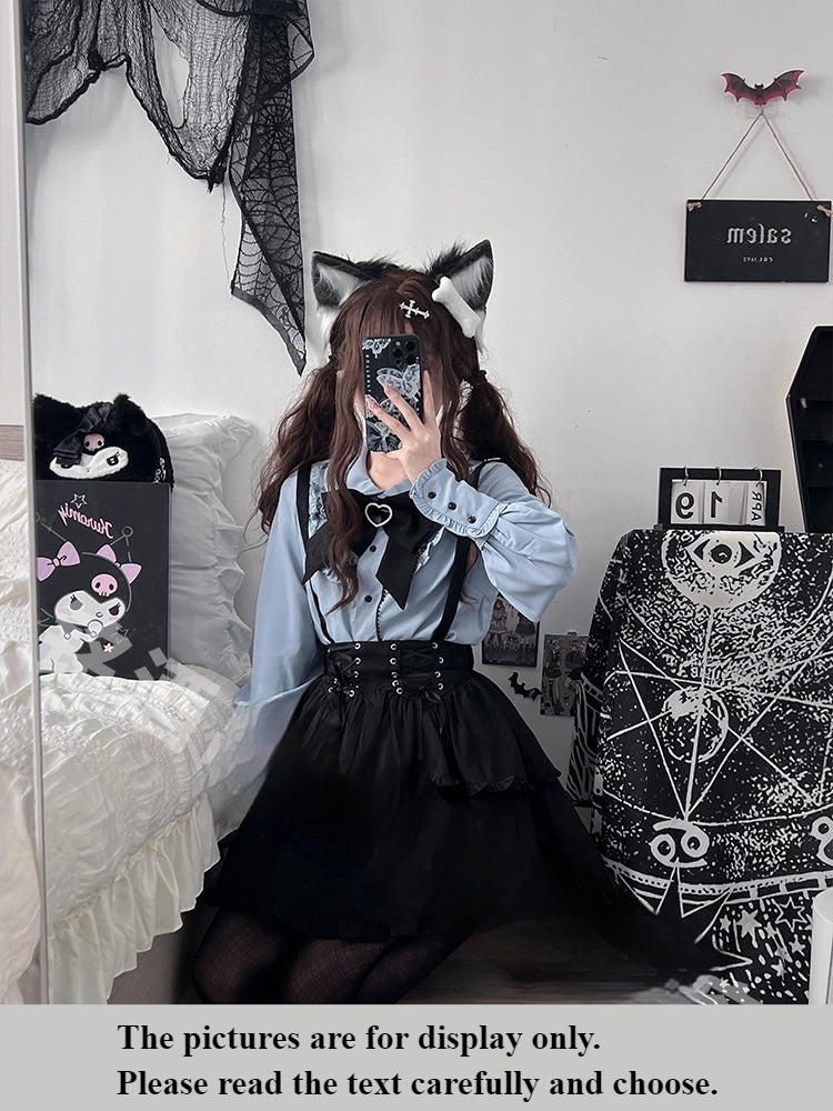 Pink Jirai Kei Blouse, Black Lace Up Skirt (L M S XL) 21832:320896
