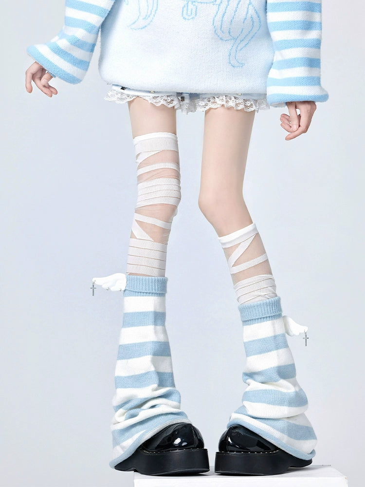Tenshi Kaiwai Leg Warmers White Blue Stripes Socks 36512:530042