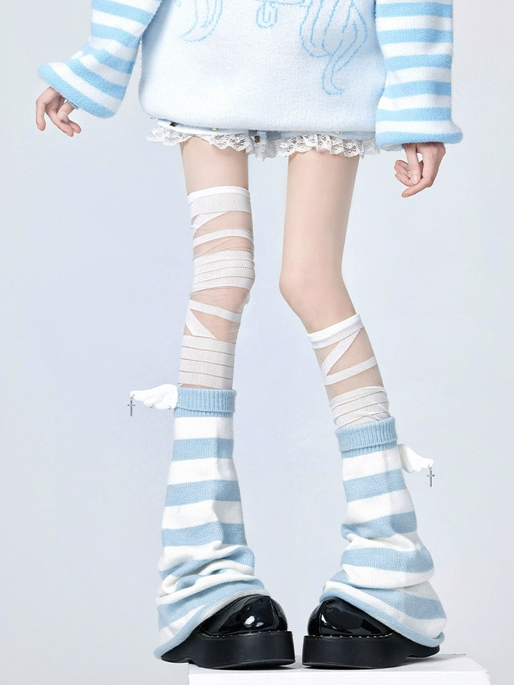 Tenshi Kaiwai Leg Warmers White Blue Stripes Socks 36512:530042