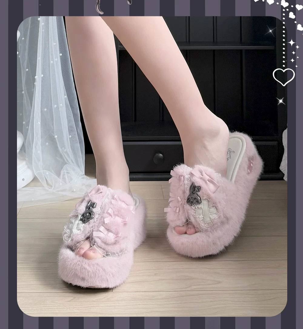 Jirai Kei Platform Wedge Slippers, Bunny Ears & Cross 46071:875420