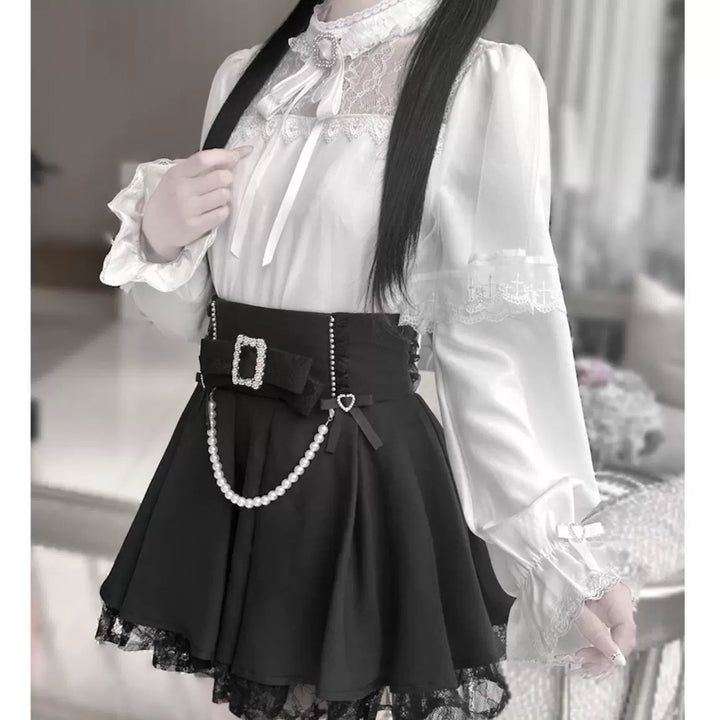 Jirai Kei Hollow-Out Lace Blouse Black Skirt With Pearl Chain 42163:729276