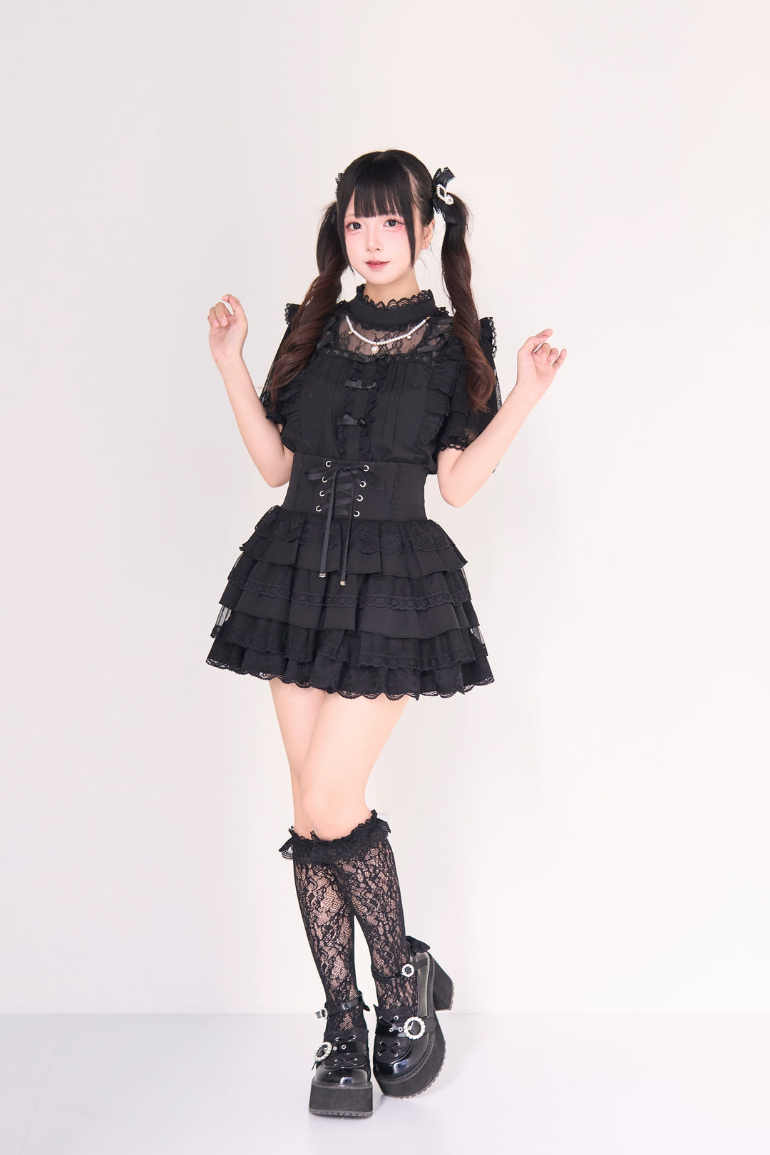Jirai Kei Pearl Necklace Blouse, Lace-up Cake Skirt Set 43019:765667