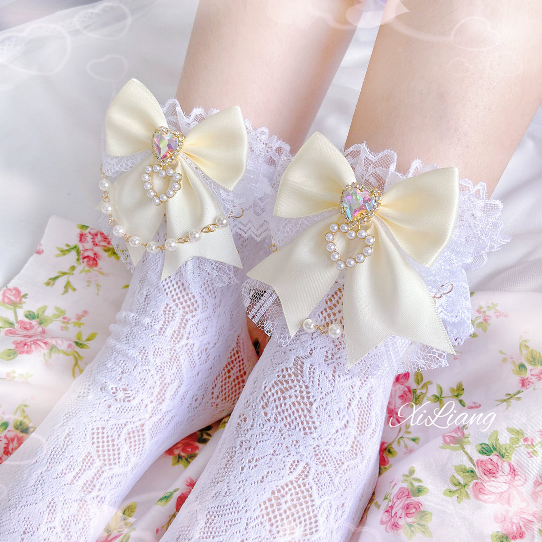 Jirai Kei Socks With Pearl Chain And Sweetheart Rhinestone Detail 28904:326732