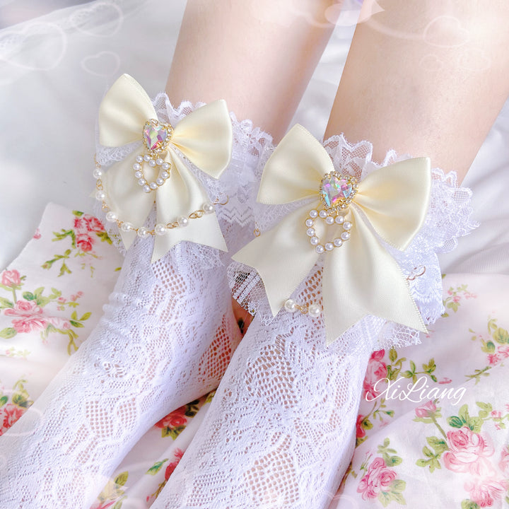 Jirai Kei Socks With Pearl Chain And Sweetheart Rhinestone Detail 28904:326732
