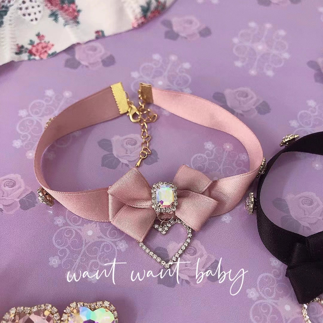 Pink Black Jirai Kei Necklace Choker With Bow And Rhinestone (Pink) 21762:313068