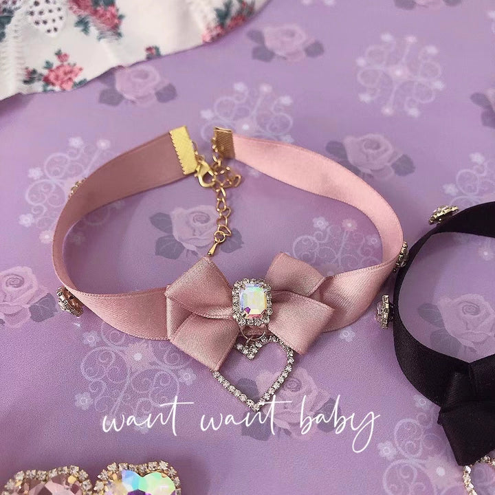 Pink Black Jirai Kei Necklace Choker With Bow And Rhinestone (Pink) 21762:313068