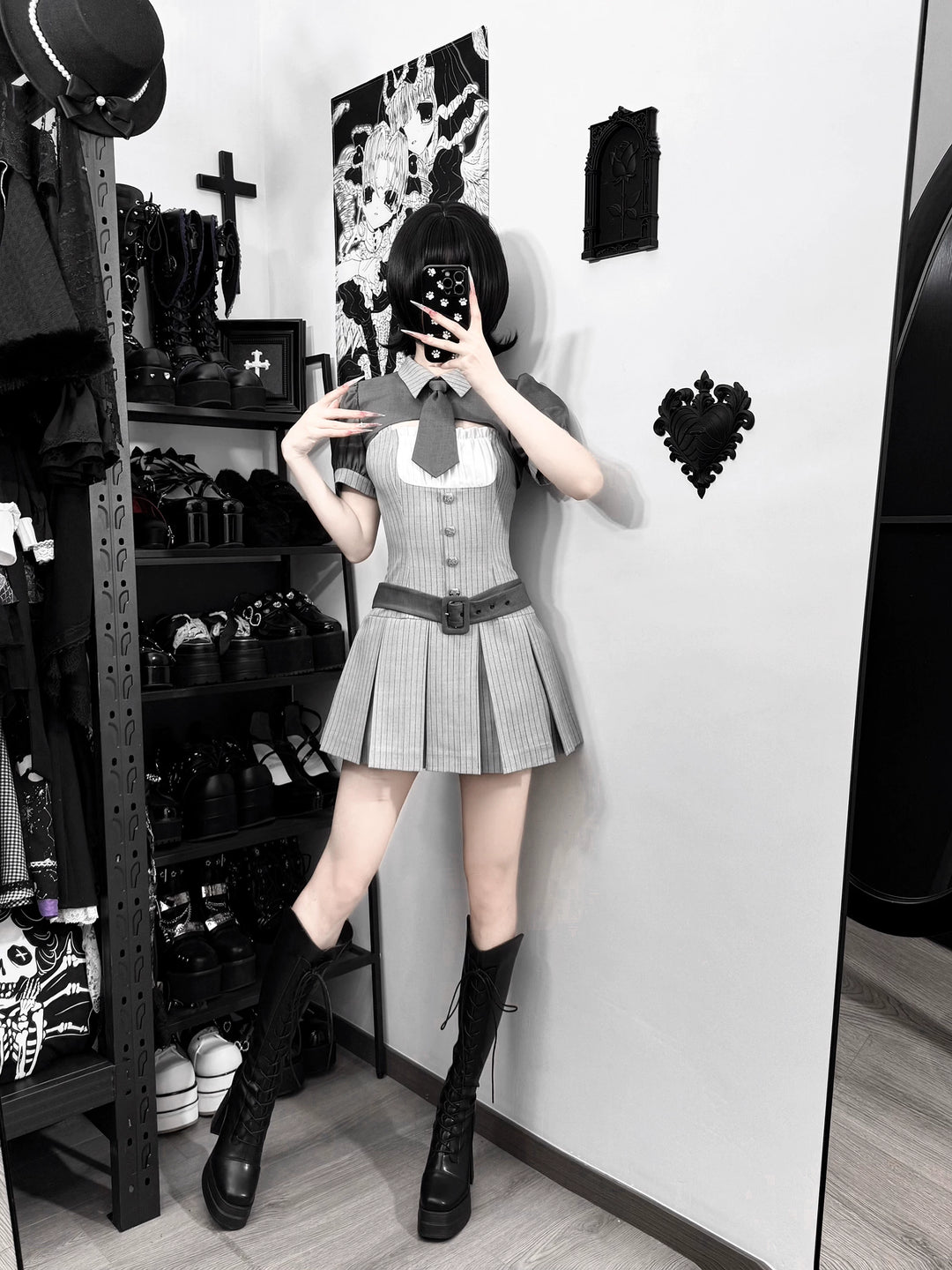 Jirai Kei Gray Striped Faux Two-Piece Dress, Mini Tie 44808:829288