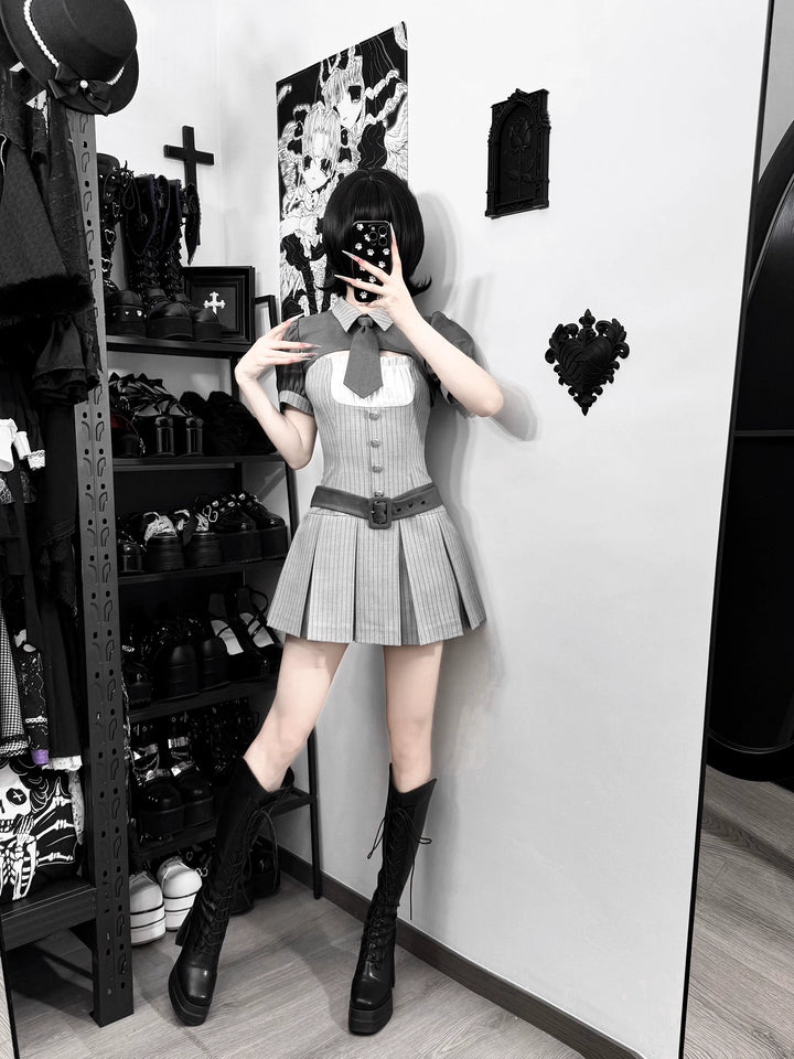 Jirai Kei Gray Striped Faux Two-Piece Dress, Mini Tie 44808:829288