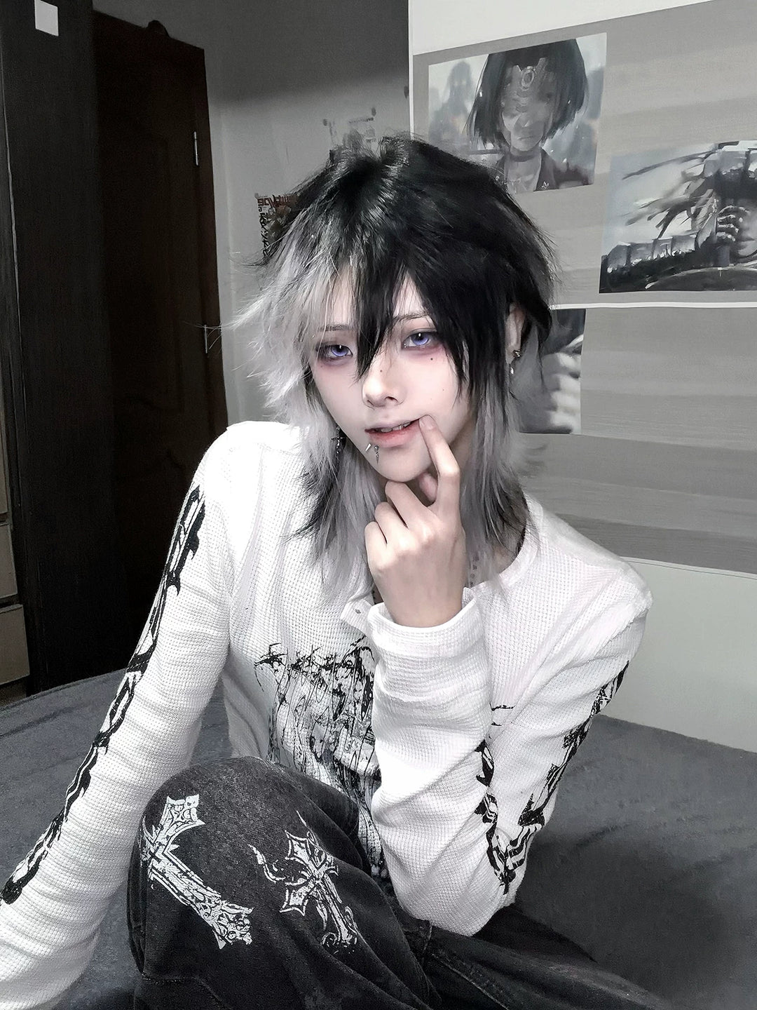 Gothic Printed Long Sleeve T-Shirt, Stretch Cotton 46066:874588