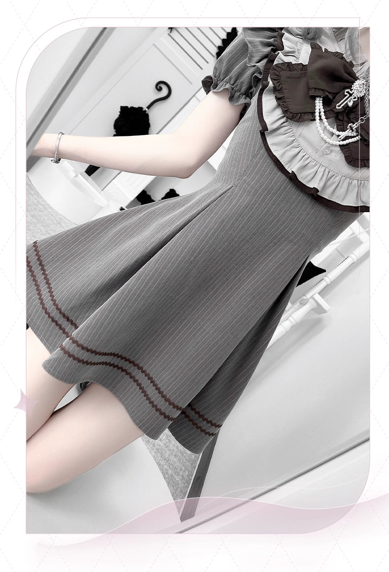 Striped Jirai Kei Dress,Thigh Length, Detachable Bowtie 43574:780095