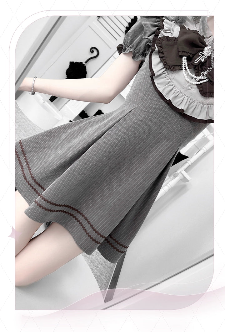 Striped Jirai Kei Dress,Thigh Length, Detachable Bowtie 43574:780095