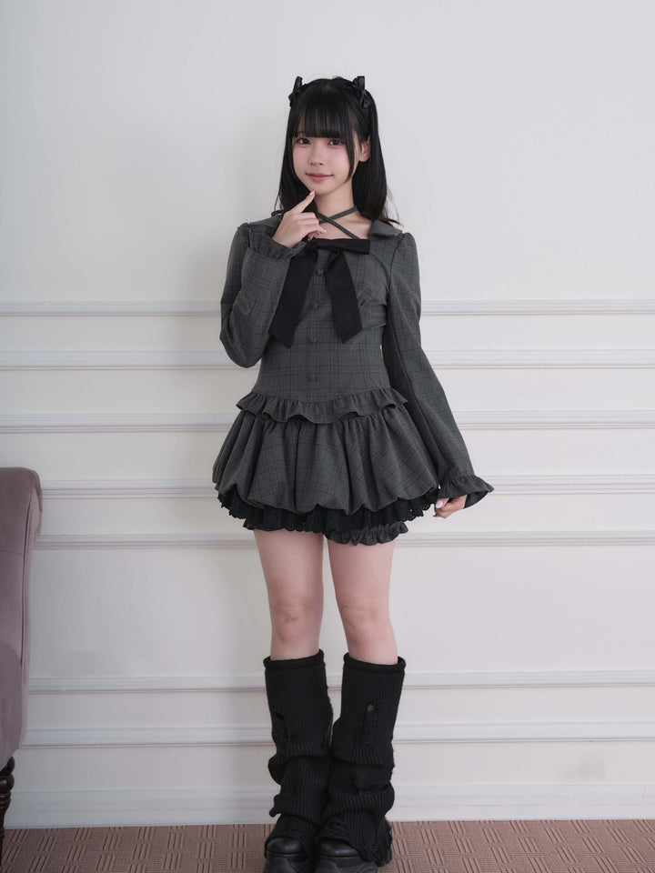 Ryousangata Plaid/Striped Dress & Shorts Set, Chest Big Bow 46031:873221