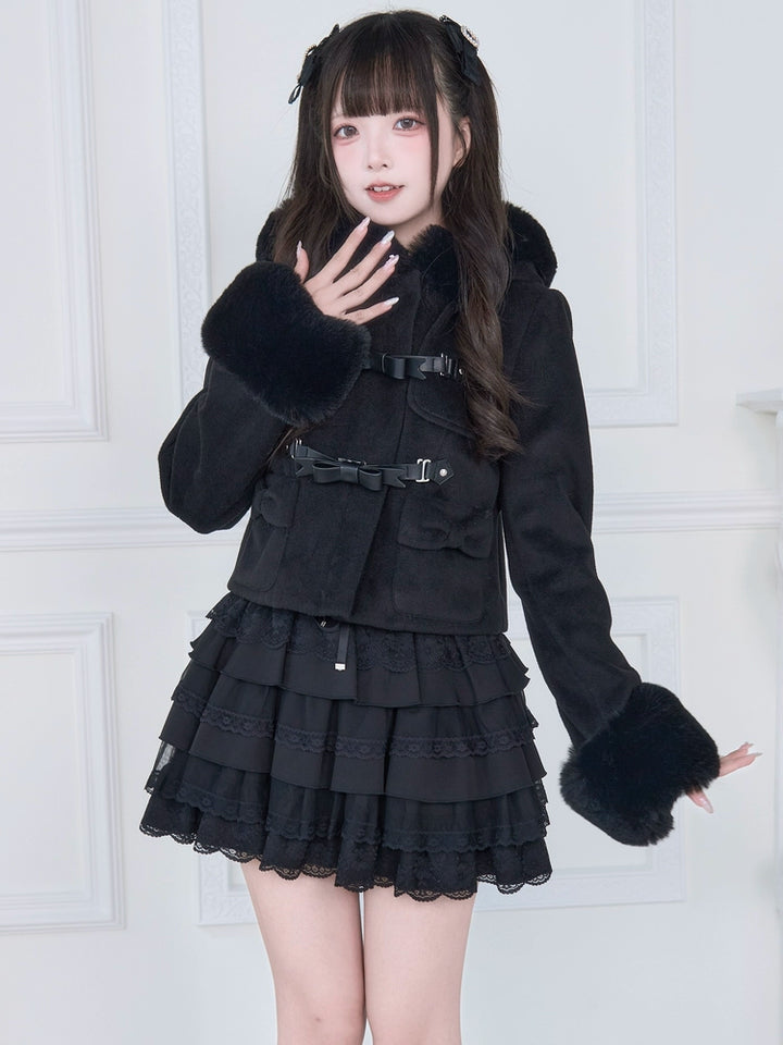 Hooded Rousangata Short Coat, Detachable Plush Cuffs 44116:796392