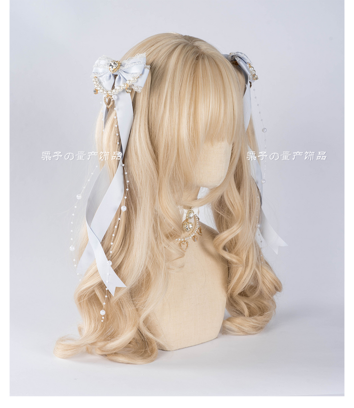 Jirai Kei Bow Hair Clip, Heart Rhinestone, Pearl Chain, Lace Trim 43501:778543