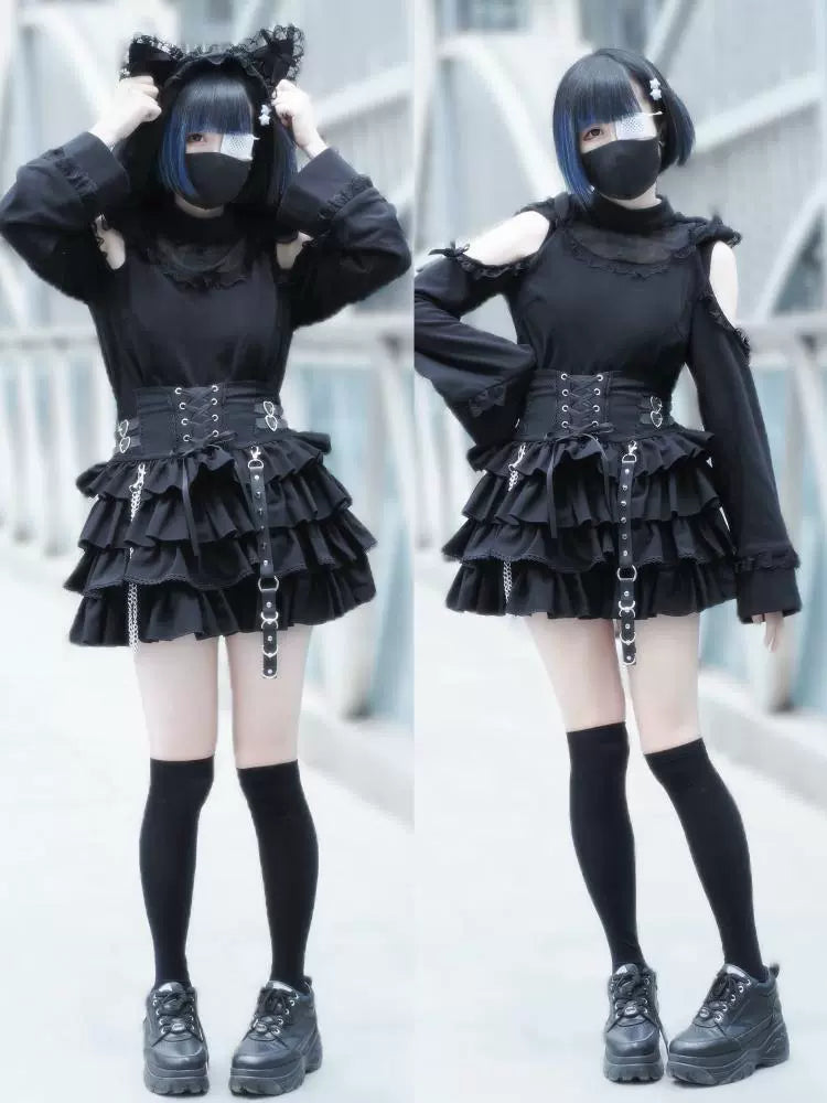 Black Jirai Kei Skirt, Removable Accessories in Two Styles 43240:772208