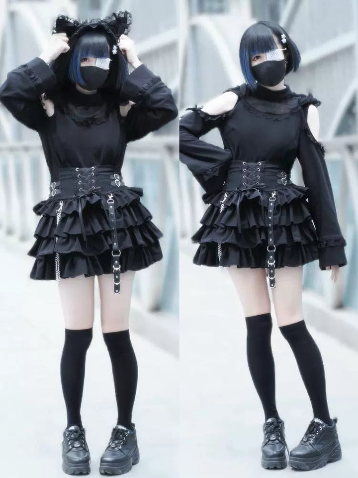 Black Jirai Kei Skirt, Removable Accessories in Two Styles 43240:772208