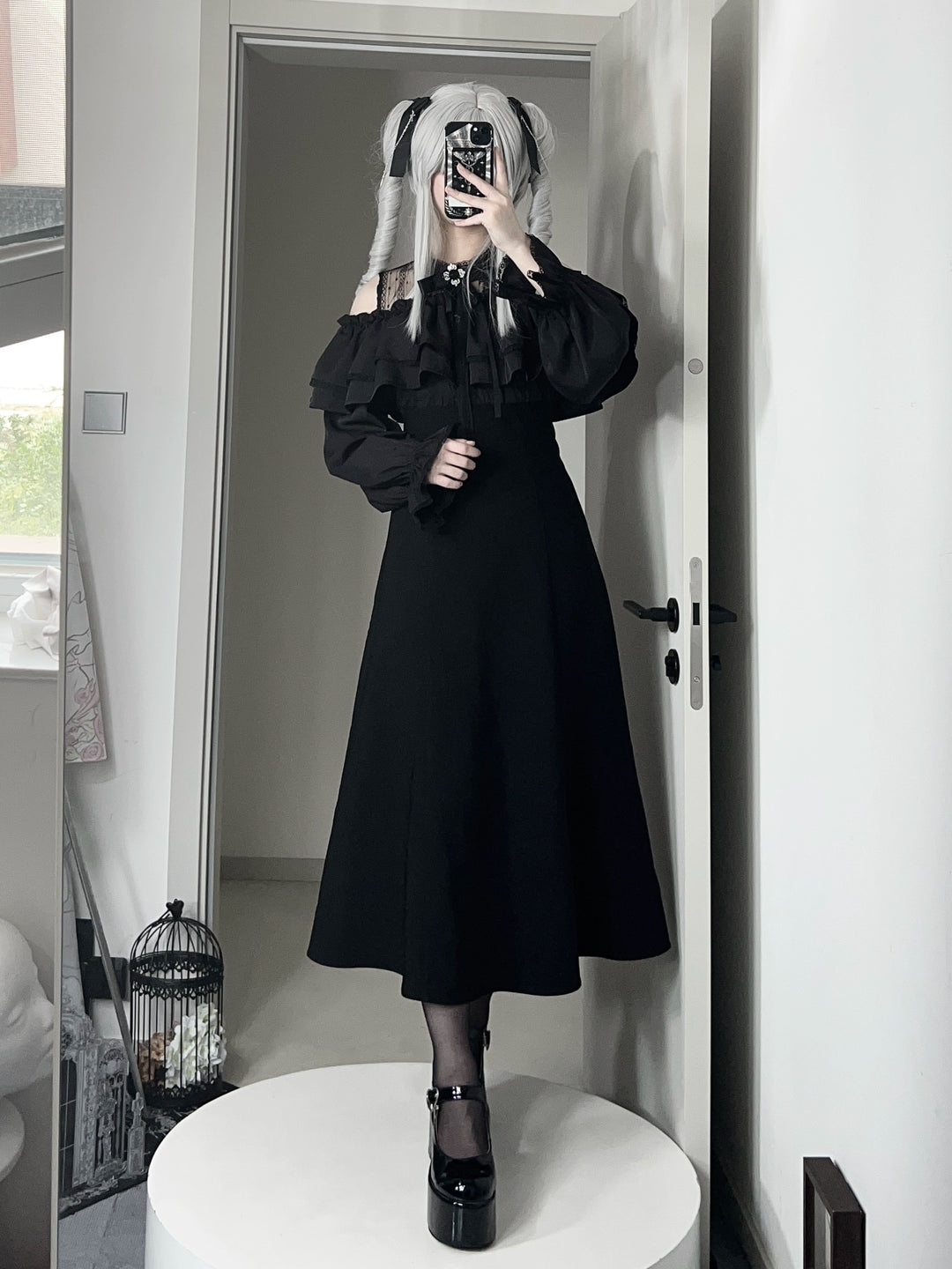 Gothic Black Open-Shoulder Long Dress 44168:798399