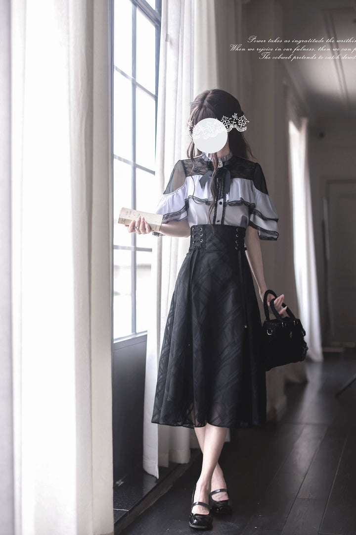 Black Maxi Jirai Kei Skirt, Purple Cape Blouse 43111:766073