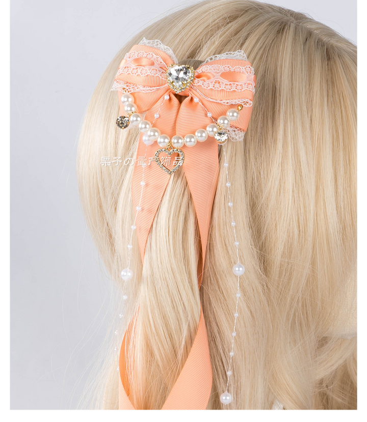 Jirai Kei Bow Hair Clip, Heart Rhinestone, Pearl Chain, Lace Trim 43501:778549