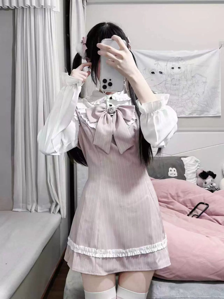 Pink Striped Jirai Kei Dress, Mock Two-Piece (Pink / 2XL L M S XL) 44892:826618