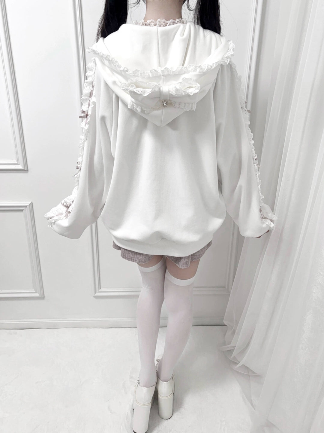 Jirai Kei Zip-Up Hoodie, Ruffle Lace and Bows 44176:800882