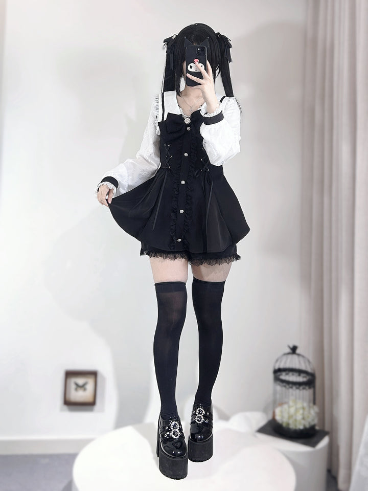 Lace-up Jirai Kei Dress Set with Lace and Rhinestone Button 42784:752960
