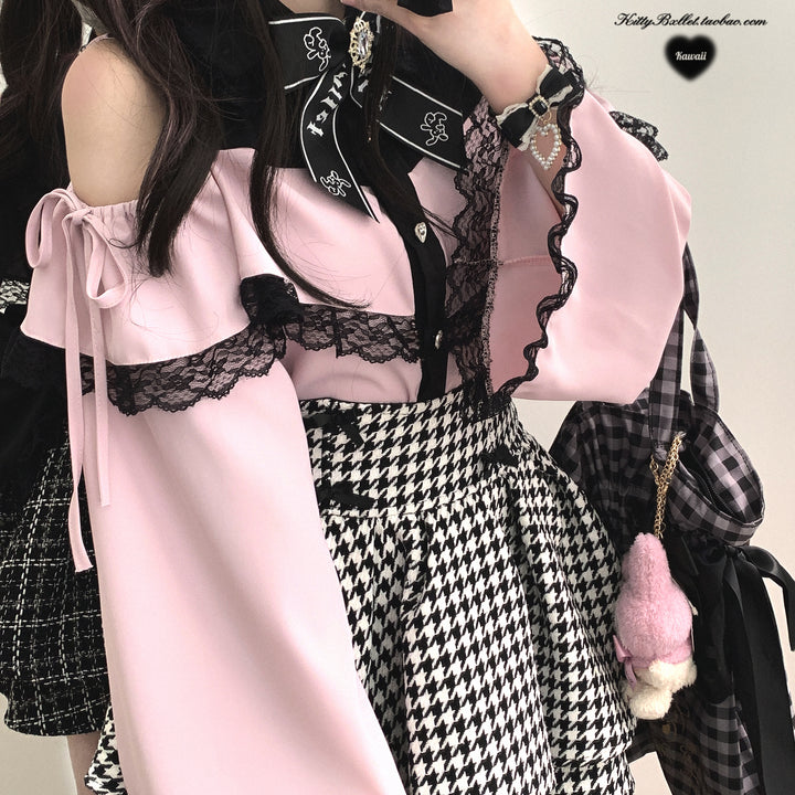 Open Shoulder Jirai Kei Blouse with Lace Trim & Princess Sleeves 42618:747012