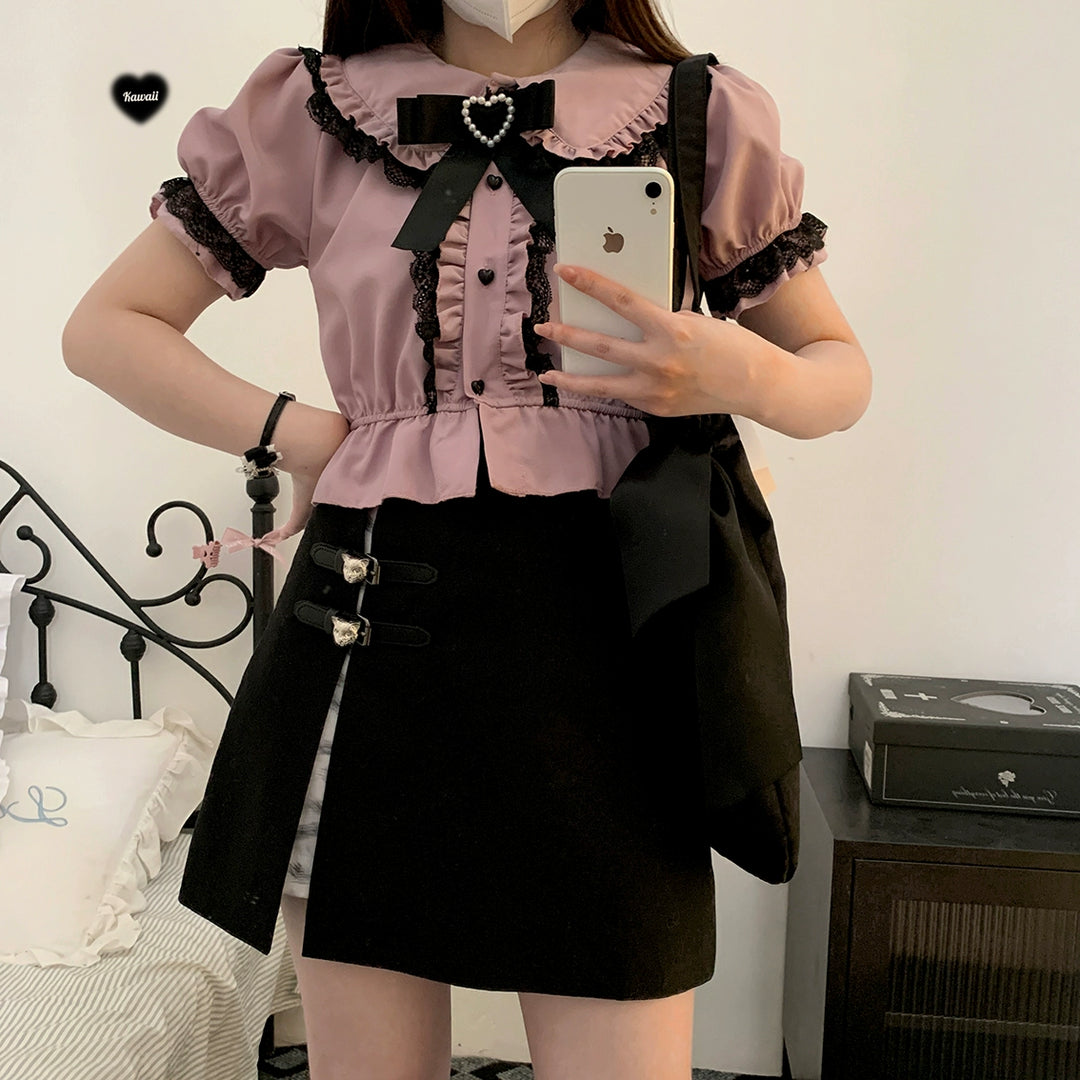 Jirai Kei Shirt Sweet Lace Blouse Short Sleeve Peter Pan Collar 35260:536068 35260:536068