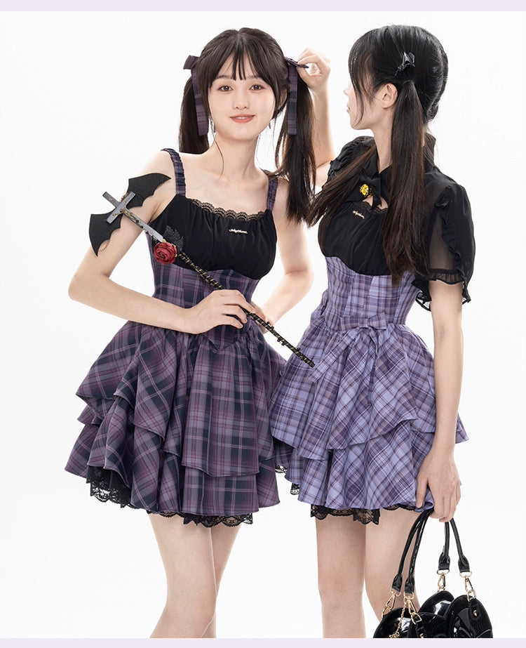 Gyaru Purple Plaid Dress With Lace Trim And Black Bolero 22508:323460