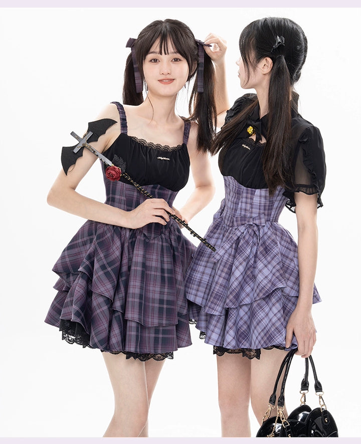 Gyaru Purple Plaid Dress With Lace Trim And Black Bolero 22508:323460
