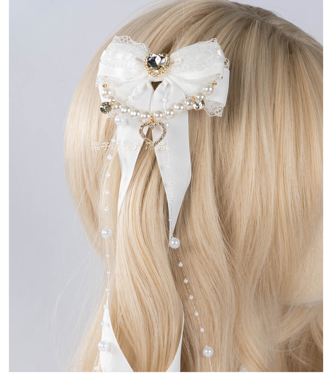 Jirai Kei Bow Hair Clip, Heart Rhinestone, Pearl Chain, Lace Trim 43501:778547