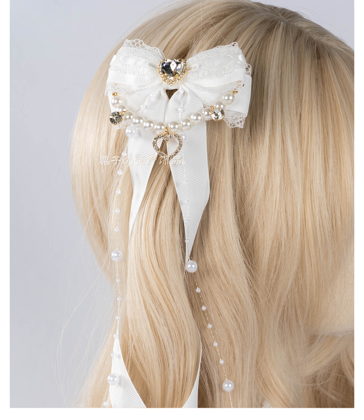 Jirai Kei Bow Hair Clip, Heart Rhinestone, Pearl Chain, Lace Trim 43501:778547
